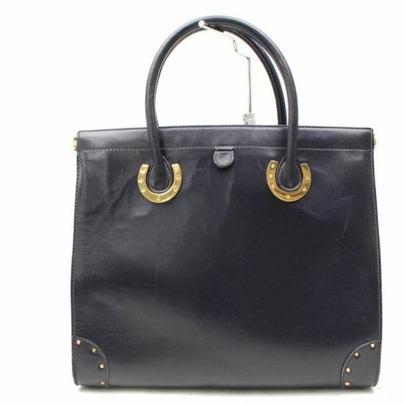 Gucci Navy Blue Leather Horse-bit Top Handle Satchel W Gold Horseshoe Accents - Picture 1 of 11